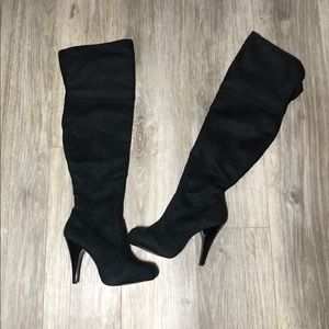 Black, knee high suede, heeled boots